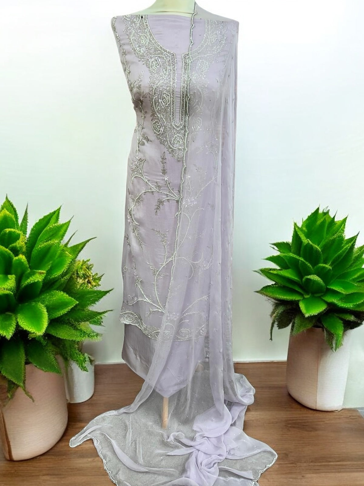Lilac and silver organza suit